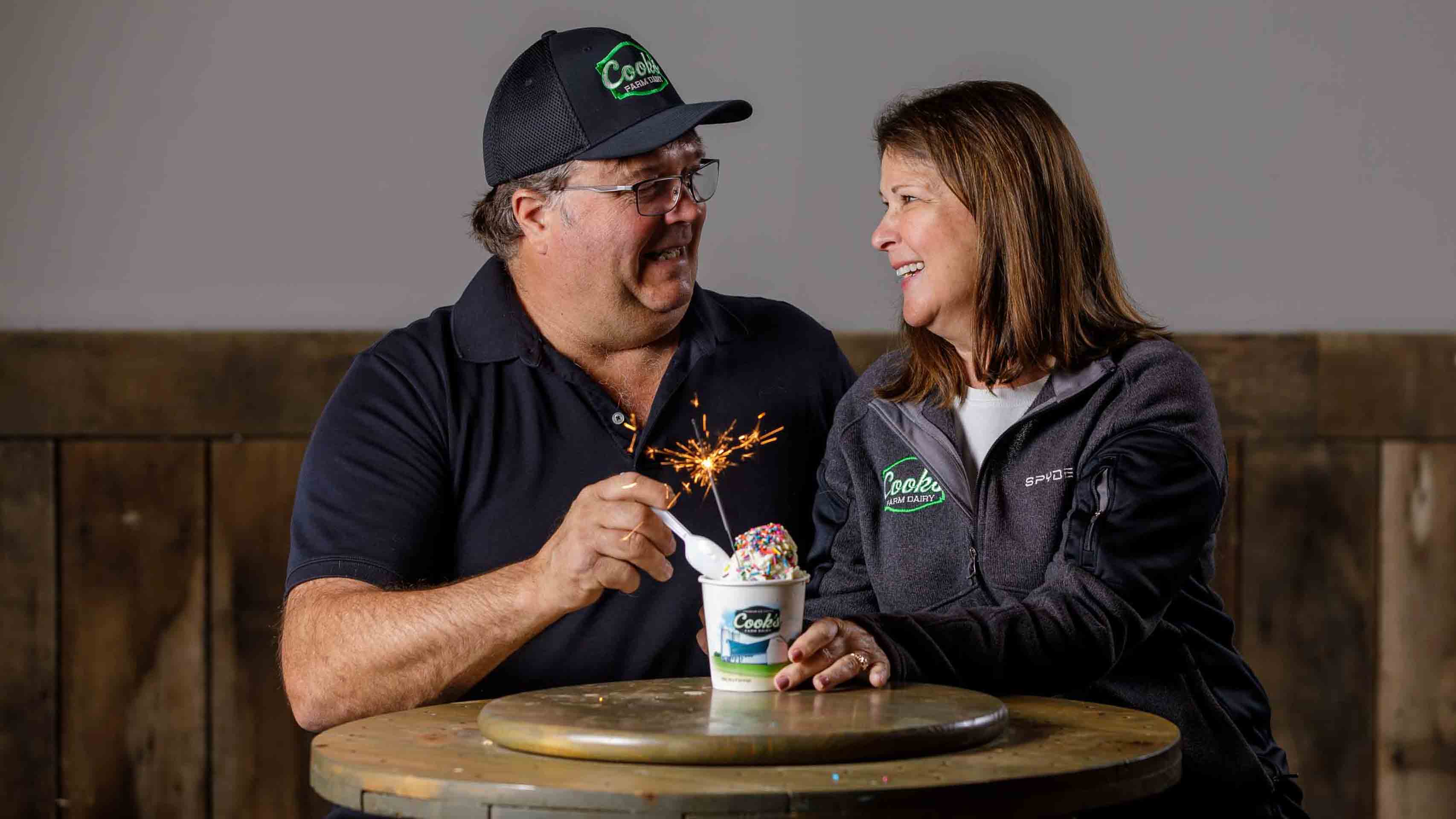 Clark and Lori Cook eating Birthday Cake Ice Cream at Cook's Farm Dairy in Brandon, Michigan